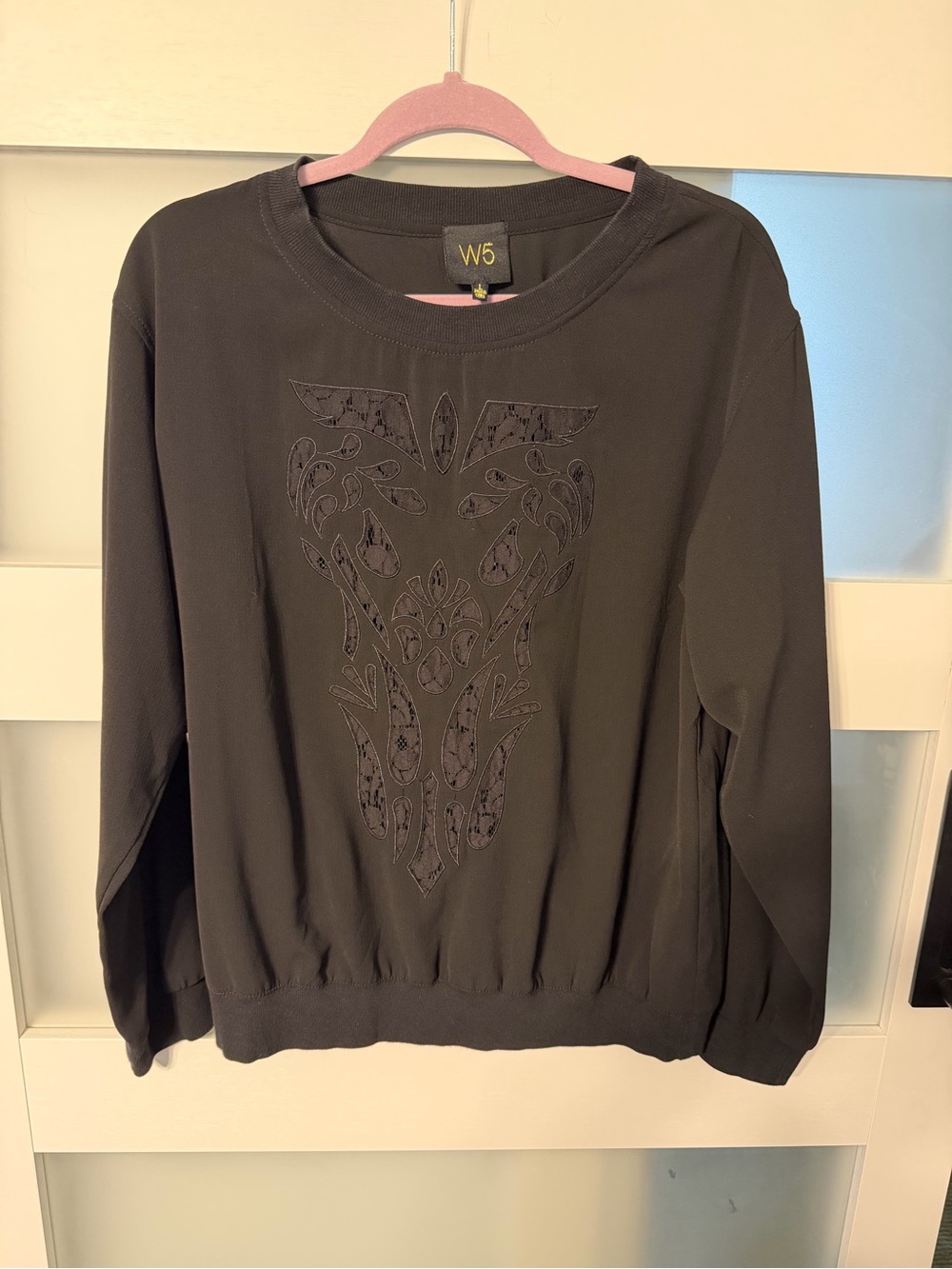 W5 Black Long-Sleeve Pullover with Decorative Front Panel